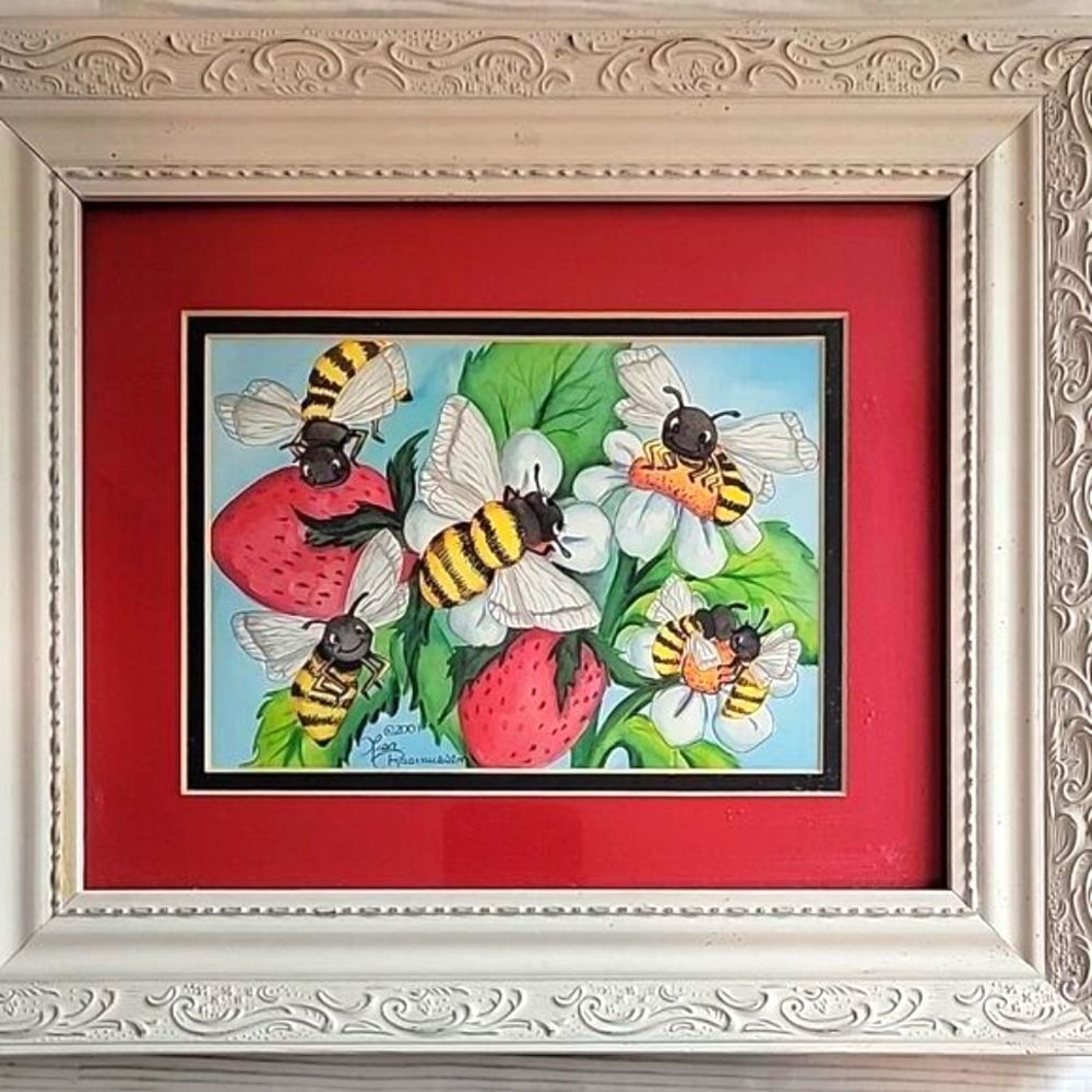 Bee and Strawberry Art in Ornate Frame